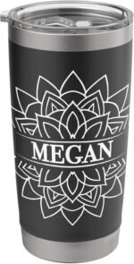 Mandala Travel Mug Black White Personalized Name Megan Stainless Steel Insulated Tumbler - Image 2