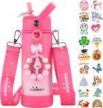 Mininoo Insulated Stainless Steel Kids Water Bottle for School with Straw Lid & Strap, 50 Stickers, 18 oz(Sweat Peach) - Image 2