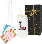 Monogrammed Glass Drinking Cup With Lid Straw Personalized Customized Post Cards Women Lady Boss Gifts Coworker Colleague Manager Team Member Employee Birthday Farewell Leaving Retirement Christmas,L - Image 2