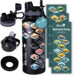 National Parks Water Bottle with 63 Waterproof Stickers – 32 oz Insulated Stainless Steel Bottle, 2-IN-1（Straw Spout）& Dustproof Lids, BPA-Free, Camping Hiking Travel Gifts (Black) - Image 2