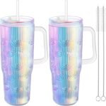 NiHome 2PCS 32oz Plastic Tumblers with Lids & Straws, Double-Wall Insulated Cups with Leak-Proof Screw-On Lids, Travel Mugs for Cold Drinks, Iced Coffee, Water, School, Office, On-the-Go (Iridescent) - Image 2