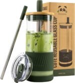 Pandaloo® Glass Cups With Lids and Straws -20 Fl Oz- Perfect Size Iced Coffee Cup - Smoothie Cup With Bamboo Lid and On the go Lid - Glass Tumbler With Straw (1 Count (Pack of 1), Mediterranean Olive) - Image 2
