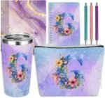 Personalized Gifts Monogrammed Birthday Gifts for Women, Her Employee Housewarming Christmas Initial 20 oz Tumbler, Makeup Bag Cup Ballpoint Pens Journal Notebook 6 Set, (Aesthetic Purple Flower G) - Image 2