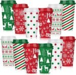 Pickmesh 12 Pcs Christmas Coffee Cups Gifts Bulk 16 oz Reusable Christmas Tree Snowflake Elk Pattern Tumblers with Lid Plastic Travel Coffee Mug for Women Coworkers Holiday Drinks - Image 2