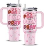 Pink Christian Inspirational Tumbler, Pray Over It Bible Verse Gifts, Christian Gifts for Women, Daily Prayer Pink Tumbler With Handle Jesus Cup 40oz - Image 2
