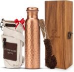 Pure Copper Water Bottle for Drinking, 32 Oz Leak-Proof Hammered Ayurvedic Copper Bottle Gift Box - For Yoga, Office, Travel with Canvas Carry Bag & Brush - Image 2