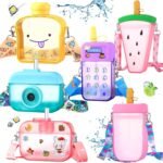 Queekay 6 Pcs Water Bottles with Straws for Kids Watermelon Adjustable Strap Leakproof Plastic Watermelon Ice Cream Camera Bread Biscuits Shaped Water Bottle for School Travel - Image 2