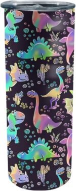 Rainbow Dinosaur Stainless Steel Insulated Tumbler with Lid - 20oz Dino Travel Mug, Reusable Metal Straw & Brush, Double-Wall Vacuum Bottle Cup for Hot and Cold Drinks, Gifts Child - Image 2