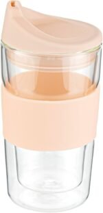 Restaurantware Glass Travel Mug 1 Count 12 Ounce Double Wall Borosilicate Reusable Coffee Cup, Spill-Resistant Tan Silicone Lid, Clear Drinkware Mug for Hot and Cold Beverages - Image 2