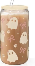 SANDJEST Halloween 16oz Can Glass Tumbler with Acrylic Lid & Straw, Iced Coffee Cup for Women Girls, Aesthetic Cups Gifts for Party - Image 2