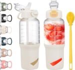 SIEROZUR 32 oz Glass Tumbler with Straw, Glass Water Bottles with 2 Lids-Handle Spout Lid & Straw Lid, 1 Liter Motivational Water Bottles, Silicone Sleeve, Fits Car Cup Holder,White - Image 2