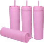 SKINNY TUMBLERS 4 Pack - Matte Pastel Colored Acrylic Tumbler with Lid and Straw- Perfect for Home, Travel |16oz Double Wall Reusable Plastic Tumbler w Straw Cleaner INCLUDED,LIGHT PINK - Image 2