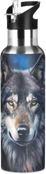 STAYTOP 20OZ Stainless Steel Vacuum Portable Insulation Cup, Leak-Proof Outdoor Sports Bottle Coffee Travel Mug with Straw, Office,School Water Bottle-Cool Wolf Animal - Image 2