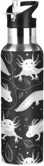 Seamless White Swimming Axolotls, Algae Leaves on Dark Stainless Steel Water Bottle, Leak-Proof Vacuum Hot Cold Insulated Travel Mug, Double Walled with Handle Thermo Cup Bottle 20 Oz - Image 2