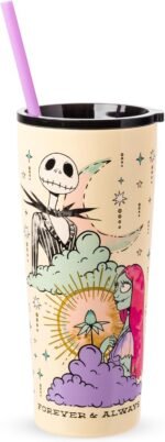 Silver Buffalo Disney Tim Burton's Nightmare Before Christmas “Forever and Always” Featuring Jack Skellington and Sally Double Walled Stainless Steel Tumbler with Straw, 22 Ounces - Image 2
