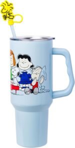 Silver Buffalo Peanuts Gang Charlie Brown, Snoopy, Woodstock, Lucy, Sally, Linus, Double Walled Stainless Steel Tumbler with Handle, Straw, and Straw Cap, Fits in Standard Cup Holder, 40 Ounces - Image 2
