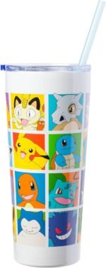 Silver Buffalo Pokemon Pikachu, Snorlax, Charmander, Squirtle, Bulbasaur, Eevee, Gengar, Togepi, Magikarp, Psyduck, Jigglypuff, Meowth, Mew Double Walled Stainless Steel Tumbler with Straw, 22 Ounces - Image 2