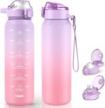 Stainless Steel Insulated Water Bottle 32oz with Handle, 1L Double Wall Insulated Bottle with Time Marker BPA Free, 1000ml Metal Water Flask for Outdoor Working School PURPLE PINK - Image 2