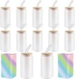Sublimation Glass Cups With Bamboo Lids And Straws 16OZ，Sublimation Beer Can Glass, Sublimation Frosted Glass Tumbler Blanks 12Pack - Image 2
