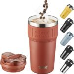 TKK Insulated Coffee Mug with Ceramic Coating, 21oz Iced Coffee Tumbler Cup with Straw Lid Double Wall Vacuum Leak Proof Travel Mug with Strap for Hot and Iced Beverage, Red - Image 2