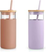 Tronco 20 oz Glass Tumbler with Lid and Straw, Iced Coffee Cup and Smoothie Cup with Bamboo Lids & Protective Silicone Sleeve, Dishwasher Safe, BPA-Free, Glass Cup 2 Pack - Image 2