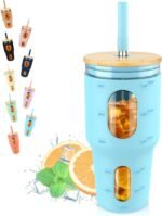 Tronco 32oz Glass Tumbler with Time Marker and Silicone Sleeve, Reusable Ice Coffee Cup with Straw and Lid, Smoothie Cup Tea Cup, Fits Cup Holder (Skyblue) - Image 2