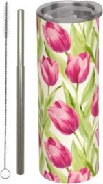 Tulip Floral Stainless Steel Insulated Tumbler with Lid - 20oz Pink Flower Travel Mug, Reusable Metal Straw & Brush, Double-Wall Vacuum Bottle Cup for Hot and Cold Drinks, Gifts Women - Image 2