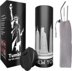 Vacuum Insulated Tumbler with Straw and Flip Lid Stainless Steel Water Bottle Iced Coffee Travel Mug Cup 15oz Gift Box Skyline Map (New York) - Image 2