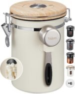 Veken Coffee Sugar Canister with Window, Coffee Lover Gift Set,Airtight Stainless Steel Kitchen Food Storage Container Gifts, Date Tracker & Scoop for Grounds Coffee,Beans,Tea,Flour,Cereal,22OZ,Cream - Image 2
