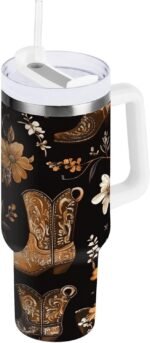 Western Cowboy Boots 40 oz Tumbler Flowers Insulated Travel Mug with Handle and Straw Lid Stainless Steel Vacuum Coffee Cup Tea Beverage Container Water Bottles for Car Sports office - Image 2
