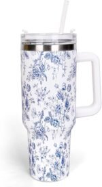 Whaline 40oz Blue Flower Tumbler with Handle Straw and Lid Spring Travel Tumbler Chinoiserie Floral Coffee Cup for Women Friend Holiday Birthday - Image 2
