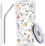 Whaline Halloween Ghost Tumbler 20oz Stainless Steel Travel Tumbler with Lid Straw Brush Cute Ghost Bat Coffee Mug Cup Halloween Boo Spooky Gifts for Women Travel Birthday Horror Gift - Image 2