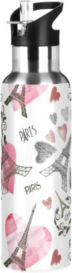 Wusikd Paris Eiffel Tower Water Bottle with Straw Lid Double Wall Heart Thermos Bottle Vacuum Insulated Flask Stainless Steel Water Bottle for Gym Outdoor 20 OZ - Image 2