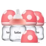 YOHKOH Natural Glass Baby Bottle with Level 1 Slow Flow Nipple, Newborn Anti-Colic Baby Bottles, Wide Neck Mushroom Baby Glass Bottle (3.4oz (Pack of 4), Red) - Image 2