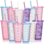 Zhehao 12 Pack Bow Floral Cups Plastic Coquette Bow Straw Tumblers Cold Cups with Lids and Straws Bulk for Iced Coffee 24 oz Reusable Travel Mug Cup Gifts for Girl Women Mom Adults - Image 2