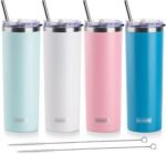 koodee 20 oz Stainless Steel Skinny Tumblers (4 Pack) Double Wall Insulated Water Tumbler Cup with Straw, Lids and Straw Brushes (Baby blue/White/Pink/Sky Blue) - Image 2