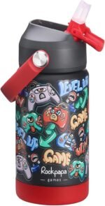 rockpapa 14 oz Kids Insulated Water Bottle，Stainless Steel Toddler Cups with Straws, BPA Free, Leak-Proof, Kids Water Bottle for School Boys&Girls (Black Games) - Image 2